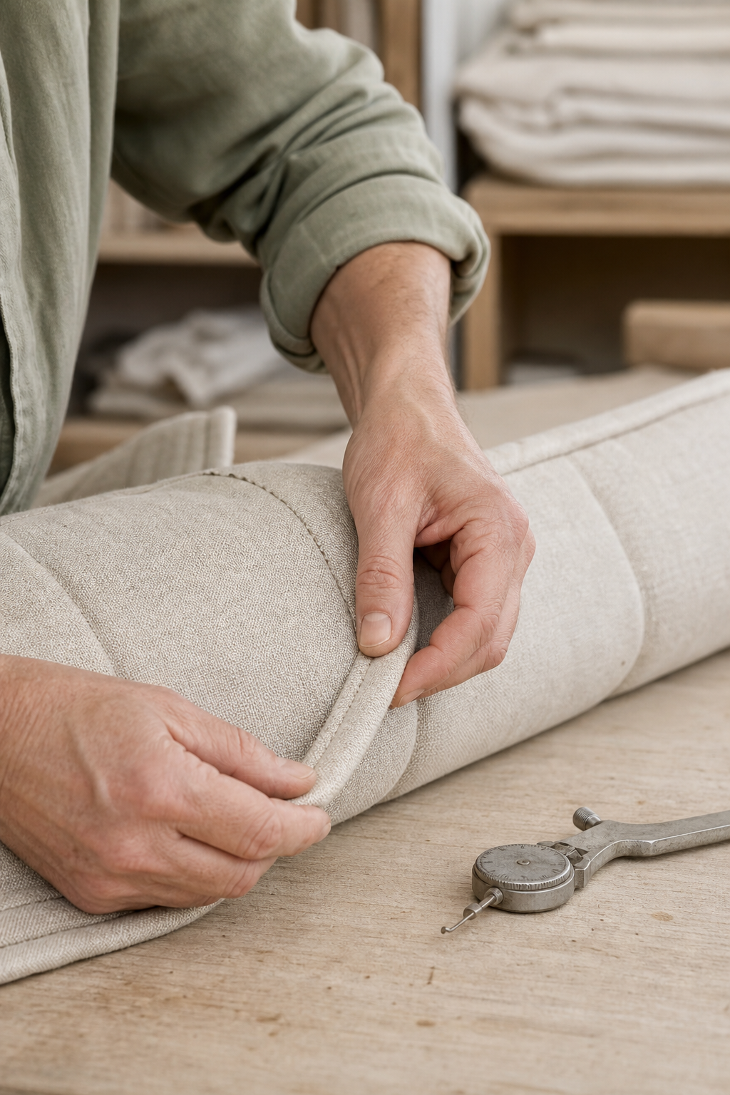 A craftsperson carefully checking the stitching on a natural linen quilt